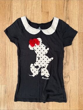 Disney Black Tee with White Polka-Dot Minnie Silhouette and Red Bow
